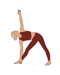 Blond girl doing yoga pilates gymnastics sport in dark red sportform on white background in line style