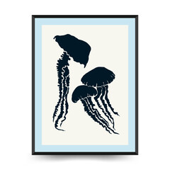 Abstract ocean and sea posters template. Modern sea Botanical trendy black style. Vintage seaweed, fish, shell. Ink wall  art.