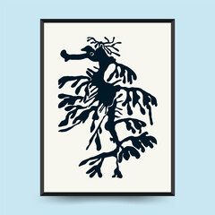 Abstract ocean and sea posters template. Modern sea Botanical trendy black style. Vintage seaweed, fish, shell. Ink wall  art.