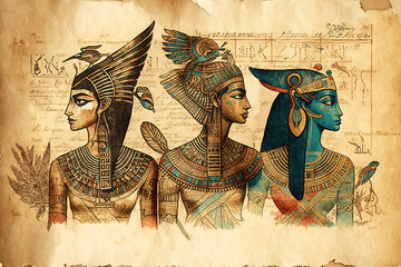 Watercolor Painting of Egyptian Papyrus Style .AI generated Illustration.