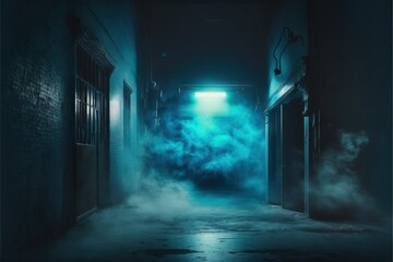 Dark empty street background with blue light accents and fog