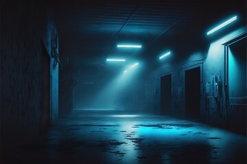 Dark empty street background with blue light accents and fog