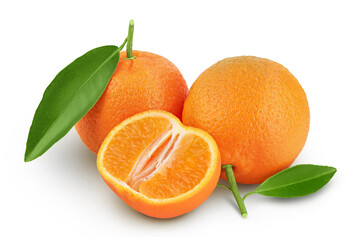 Tangerine or clementine with green leaf isolated on white background with full depth of field.