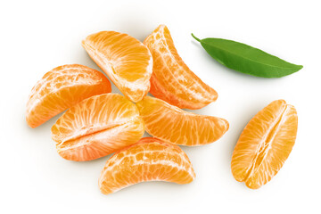 Tangerine or clementine slices isolated on white background with full depth of field. Top view. Flat lay.