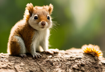 A cute squirrel  searing on a branch in a green field, closeup sot, Generative AI