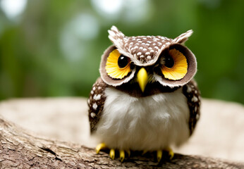 Obraz premium a cute owl in a green forest with yellow eyes, closeup shot, Generative AI