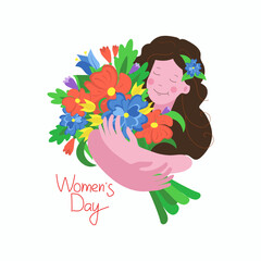 Young woman with a bouquet of flowers, Women's Day March 8.  Spring greeting card design with inscription. Bright color vector illustration. The background is isolated. 