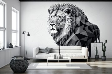 Gorgeous White Room Revamped With Bold Lion Patterned Geometric Wall Design. Generative AI