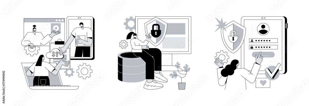 Aufkleber cloud service access abstract concept vector illustration set. shared document, cyber security, sign