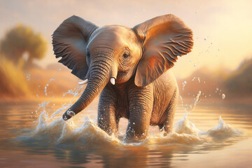 Fototapeta na wymiar Young Elephant Plays in Water .AI generated Illustration.