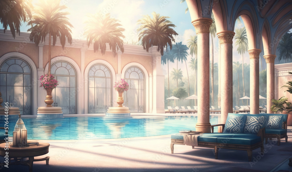 Poster a large pool with a lot of palm trees in it. generative ai