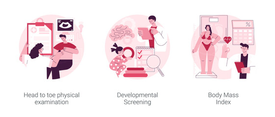 Health check up abstract concept vector illustration set. Head to toe physical examination, developmental screening, body mass index, health issue diagnostics, weight loss program abstract metaphor.