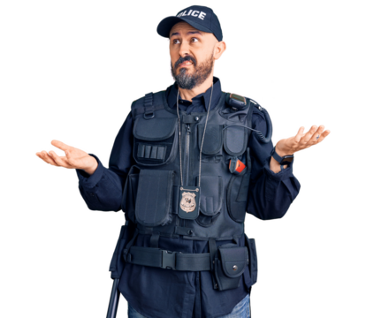 Young handsome man wearing police uniform clueless and confused with open arms, no idea concept.
