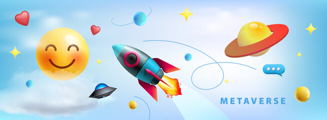  Futuristic background cosmic space creative design. Realistic 3d cartoon style planets, rocket flying in sky, ufo. Abstract horizontal banner concept game metaverse.