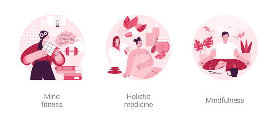 Mental and physical health treatment abstract concept vector illustration set. Mind fitness, holistic medicine, mindfulness, whole body treatment, mental calmness, meditation abstract metaphor.