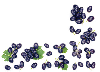 bue grapes wih leaves isolated on the white background with copy space for your text. Top view. Flat lay pattern
