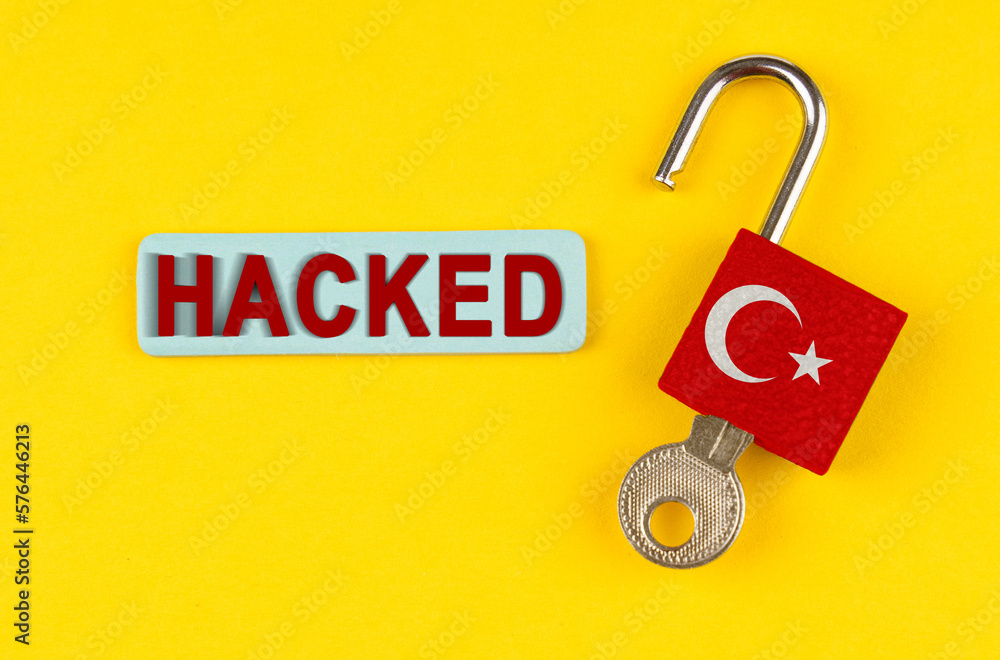 Poster On the yellow surface is an open lock with a key and a sticker with the inscription - hacked