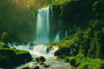 Fototapeta na wymiar Waterfall landscapes waterfall in nature landscape. Famous tourist attractions and landmarks destination in nature landscape. Aerial drone view of top waterfall.Generative AI