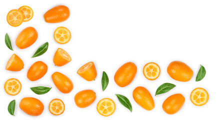 Cumquat or kumquat with half isolated on white background with copy space for your text. Top view. Flat lay