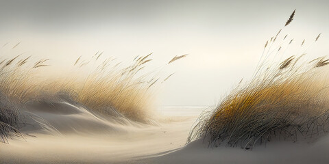 Idyllic view of the seaside grass on the beach. Ai generative.