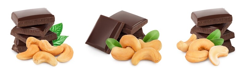Roasted Cashew nuts with leaf isolated on white background with  full depth of field.