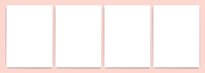 Four white blank papers with shadows on the pink background. Templates for presentation of design like flyer, cover, poster. mock up design template.