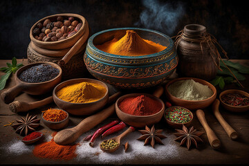 Collection Of Different Aromatic Spices And Herbs. AI generated Illustration.