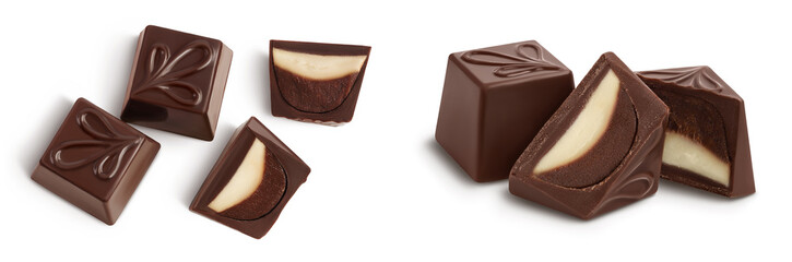 Chocolate candy isolated on white background with  full depth of field. Top view. Flat lay.