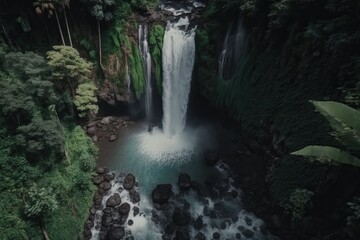 Fototapeta na wymiar Beautiful Waterfall in Bali drone shot, generative AI