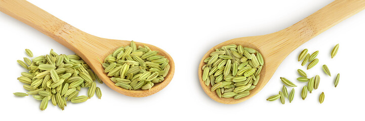 Dried fennel seeds in wooden spoon isolated on white background . Top view. Flat lay