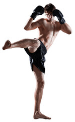 Male Boxer , Kickboxer Performing a Kick