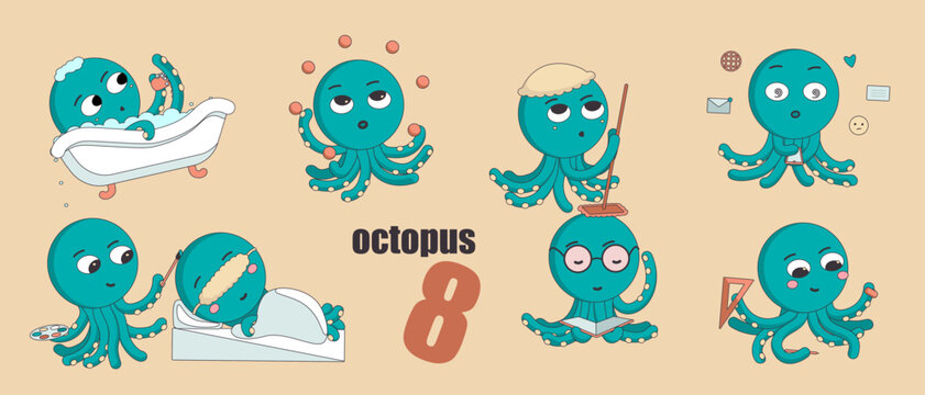 Set of eight cartoon blue octopus characters in different poses and different emotions working, resting or having fun. Color vector flat illustration isolated with stroke on yellow background.