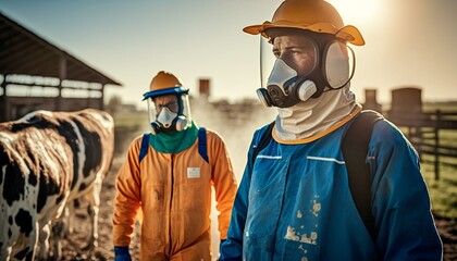 People wearing personal protective equipment or PPE with spraying disinfectant for protection pandemic of disease in cattle farm, Generative AI - obrazy, fototapety, plakaty
