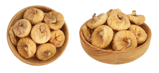 dried figs in wooden bowl isolated on white background with  full depth of field. Top view. Flat lay