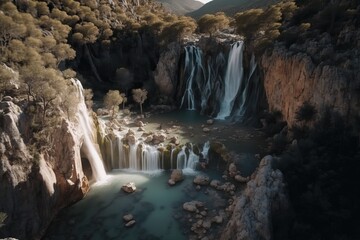 Drone shot of a waterfall in spain, generative AI