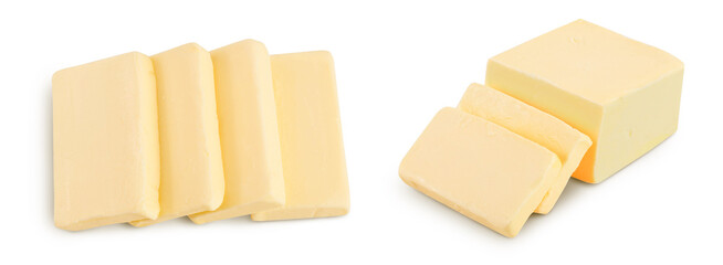 butter slices isolated on white background with  full depth of field. Top view. Flat lay