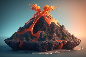 3D erupting volcano in cartoon style, Generative AI - obrazy, fototapety, plakaty