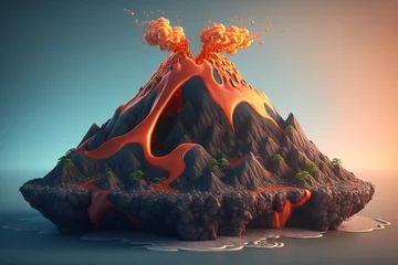 Fotobehang 3D erupting volcano in cartoon style, Generative AI © scrawled soul