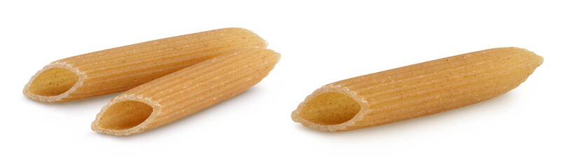 Wolegrain penne pasta from durum wheat isolated on white background with  full depth of field.