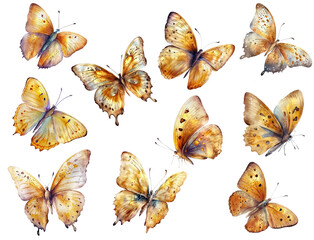 golden yellow butterflies, watercolor illustration isolated on transparent background, set, Generative AI, digital ar