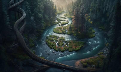  a river flowing through a forest next to a forest covered in trees.  generative ai