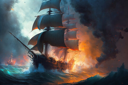 Battle of sea, old sailing ships in fire and smoke, illustration, generative AI