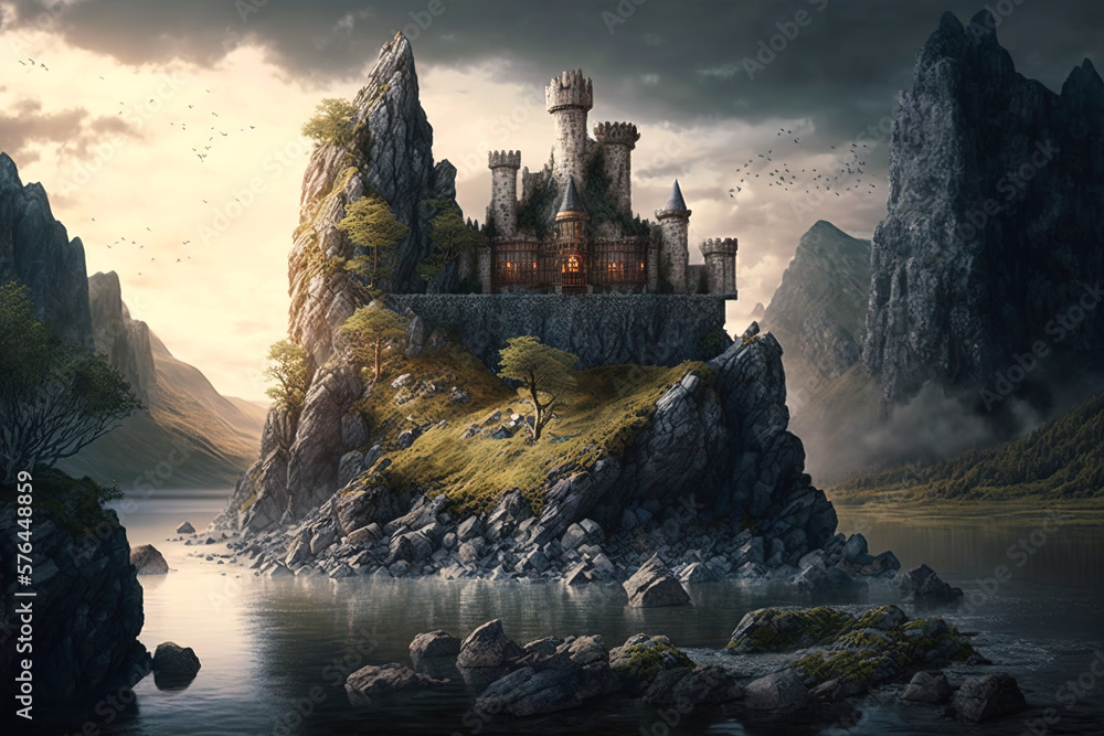 Wall mural Castle on river island at sunset, fantasy mountain landscape, illustration, generative AI.