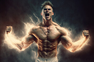 Naklejka na ściany i meble Athlete screaming from energy he is feeling, strong body in lightning and fire, generative AI.