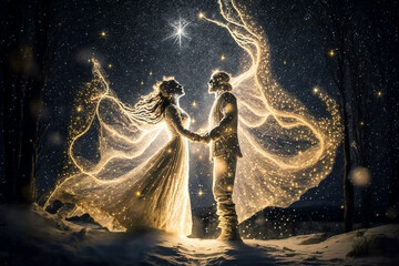 Couple in love, magic view of man and woman at night, illustration, generative AI - obrazy, fototapety, plakaty