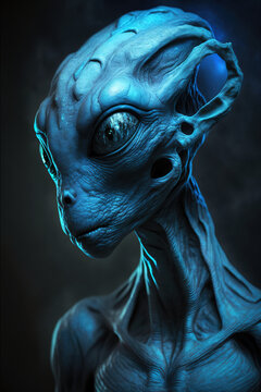 Alien from UFO close-up, face of sentient being from deep space, illustration, concept of portrait, roswell, paranormal and grey extraterrestrial.