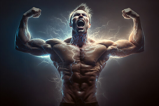 Athlete raises hands up and screams with energy he is feeling, generative AI