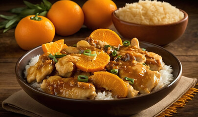  a bowl of orange chicken with rice and oranges in the background.  generative ai