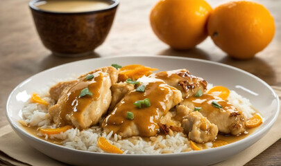  a white plate topped with chicken and rice next to oranges.  generative ai