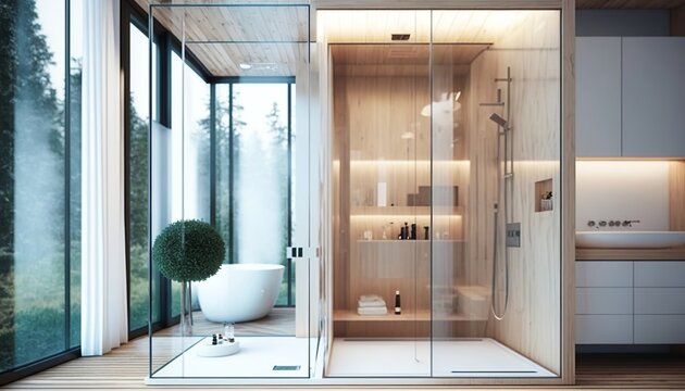 modern bathroom with glass-walled shower cubicle in light colors